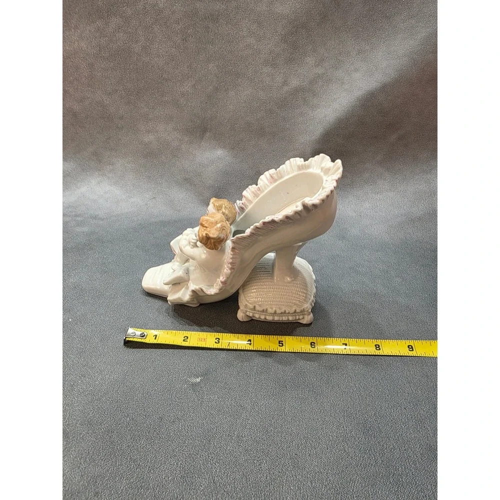 Vintage Porcelain Cherub Figurine High Heel Shoe Planter Japan White Pink